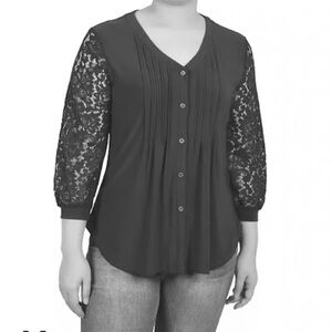 NY COLLECTION Lacy Sleeve Button Down Front Black V-Neck Blouse